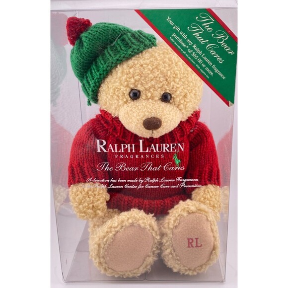 RALPH LAUREN Stuffed Teddy Bear that Cares Y2K Promo Plush Toy Red Sweater Hat - Picture 1 of 9